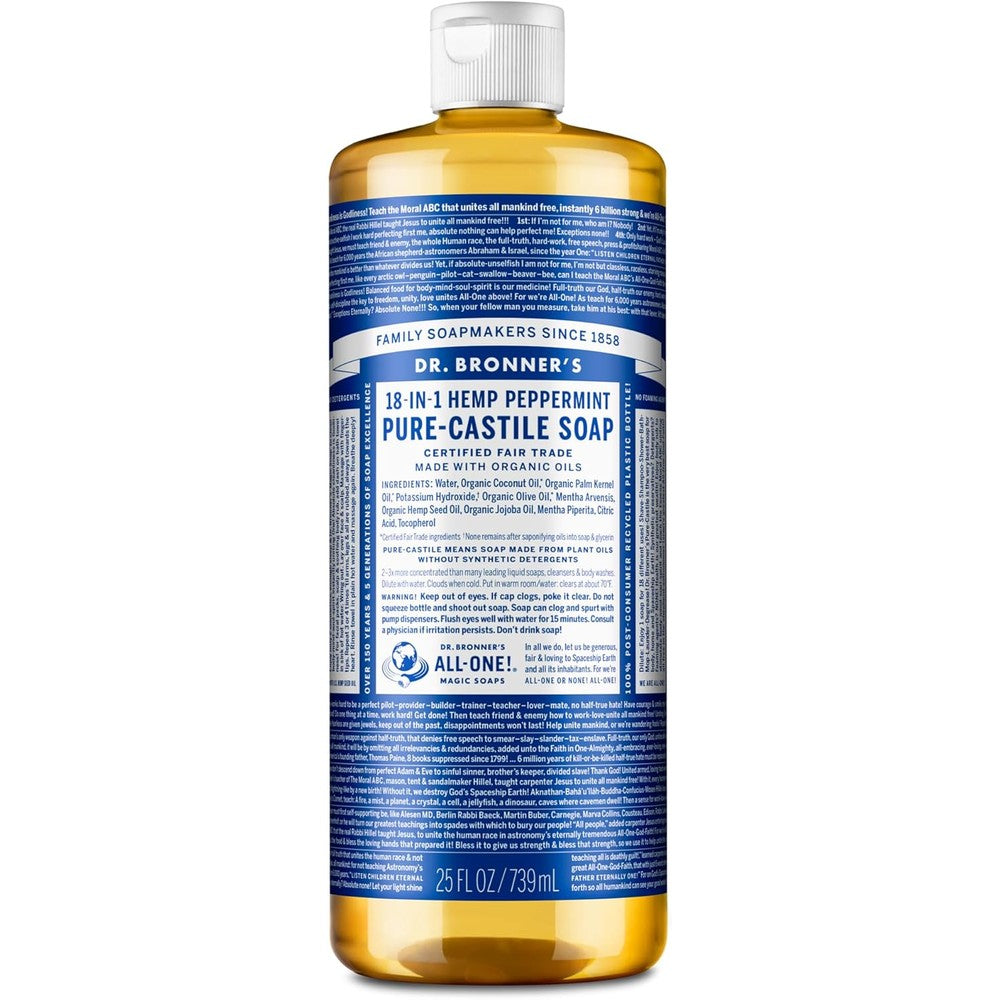 Dr. Bronner's Hemp Peppermint Pure-Castile Liquid Soap 25 Fluid Ounce front view bottle showcasing organic ingredients.