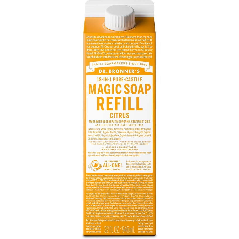 Dr. Bronner's Magic Soap Pure Castile Liquid Refill Citrus thirty-two ounce carton front view highlighting natural multiuse formula