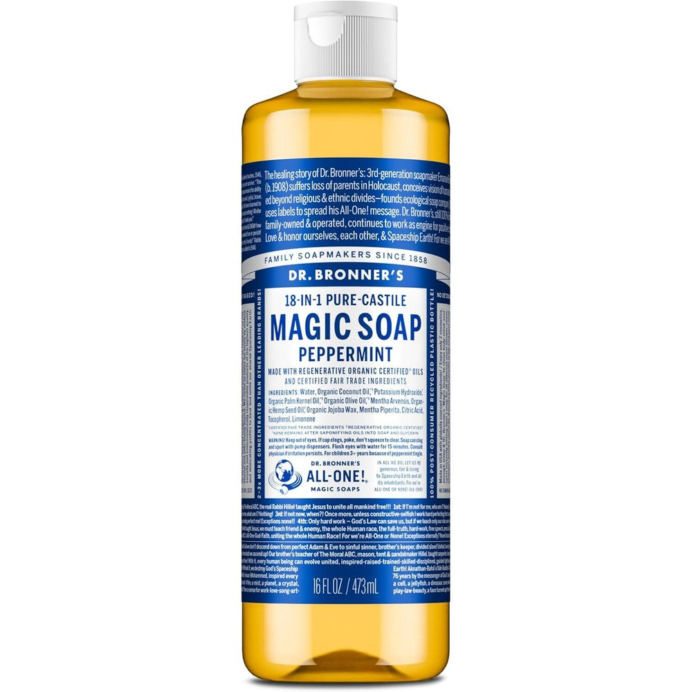 Dr. Bronner's Pure-Castile Liquid Soap Peppermint sixteen ounce bottle front view displaying organic oil certifications.