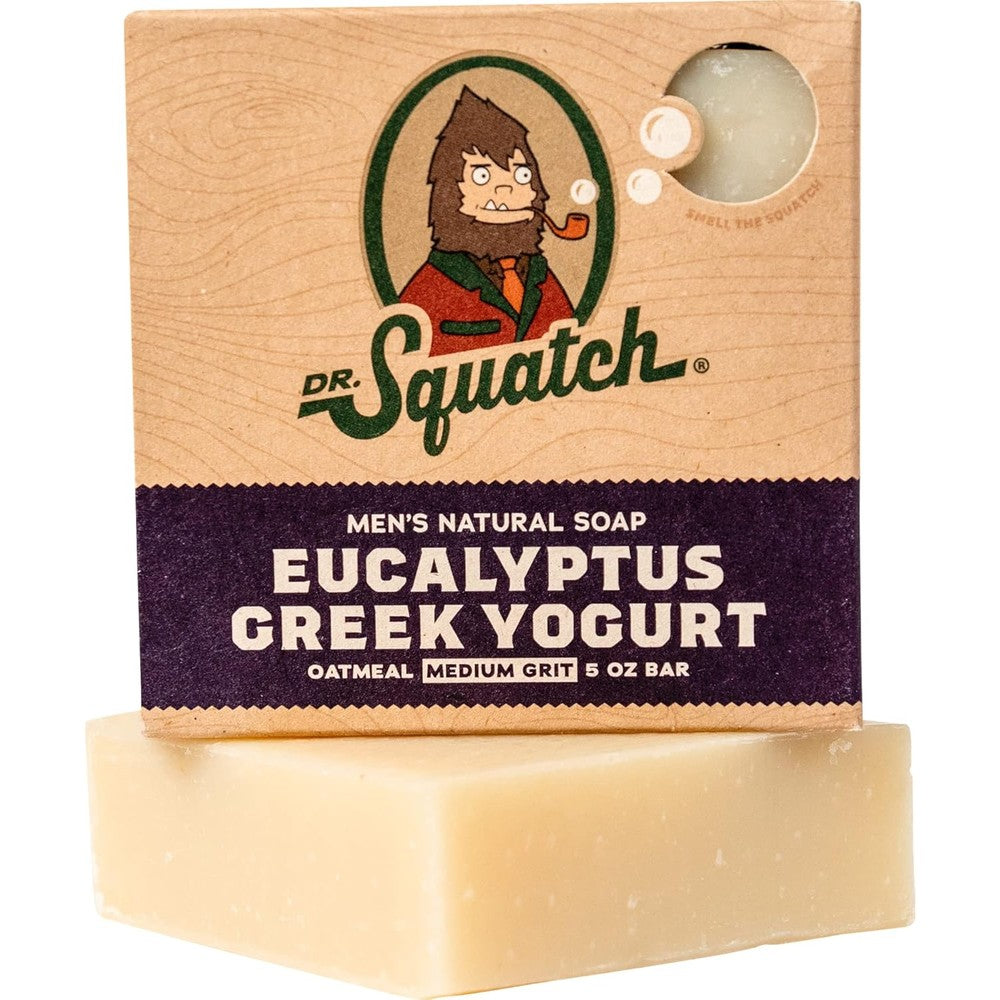 Dr. Squatch Eucalyptus Greek Yogurt natural bar soap front view packaging for men