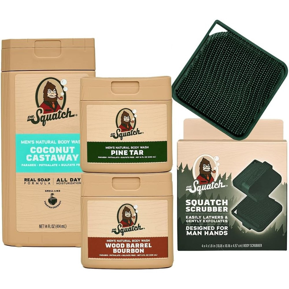 Dr. Squatch Natural Body Wash bundle front view showcasing the different scent bottles and premium packaging.