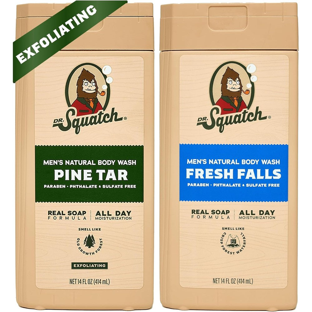Dr. Squatch Natural Body Wash Pine Tar and Fresh Falls 2 Pack front view premium men shower gel