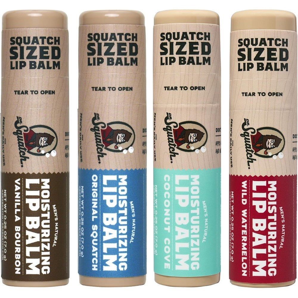 Dr. Squatch Natural Lip Balm for Men four pack front view showing variety flavors for dry lips.