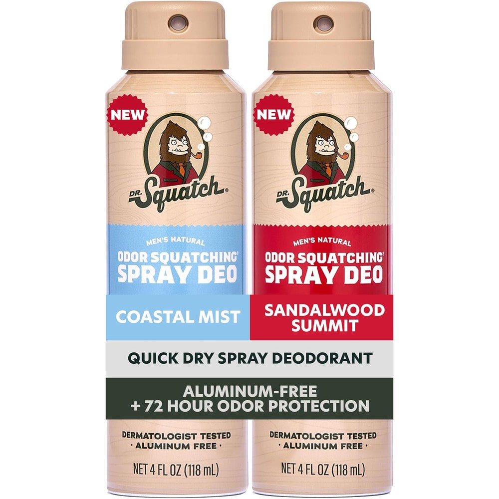 Dr Squatch Spray Natural Mens Deodorant front view showing Coastal Mist and Sandalwood Summit bottles