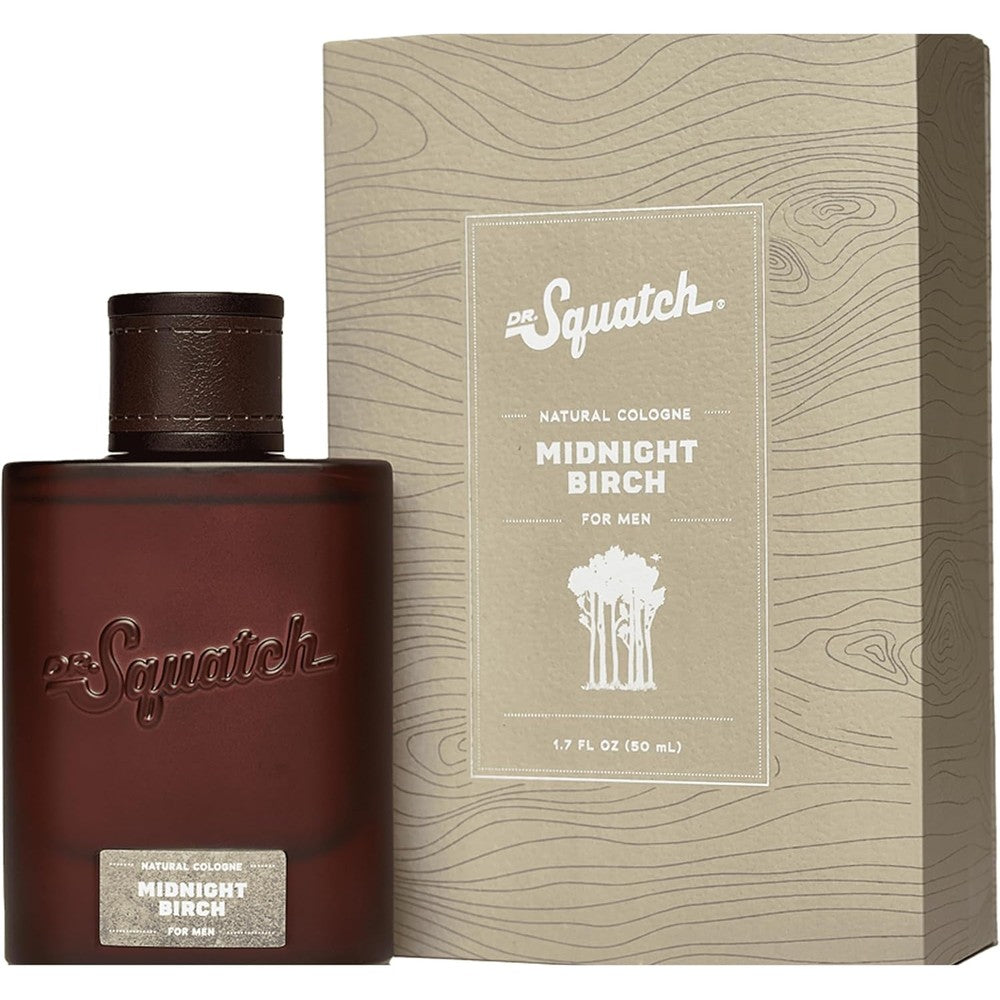 Dr. Squatch Natural Cologne Men Midnight Birch front view bottle and packaging box