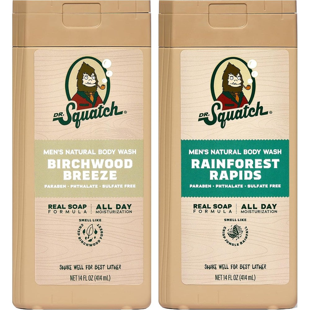 Dr. Squatch Natural Men's Body Wash twin pack front view showing Birchwood Breeze and Rainforest Rapids bottles.
