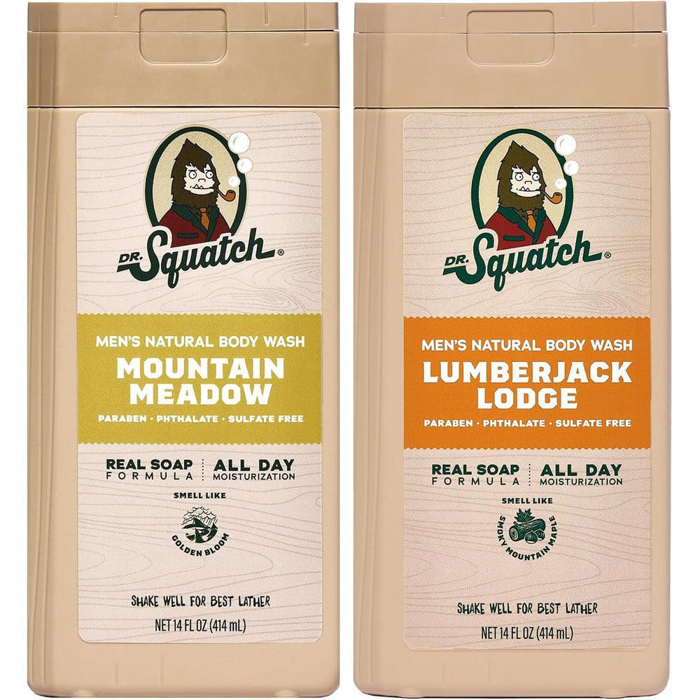 Dr. Squatch Natural Men's Body Wash twin pack front view showcasing Mountain Meadow and Lumberjack Lodge bottles.