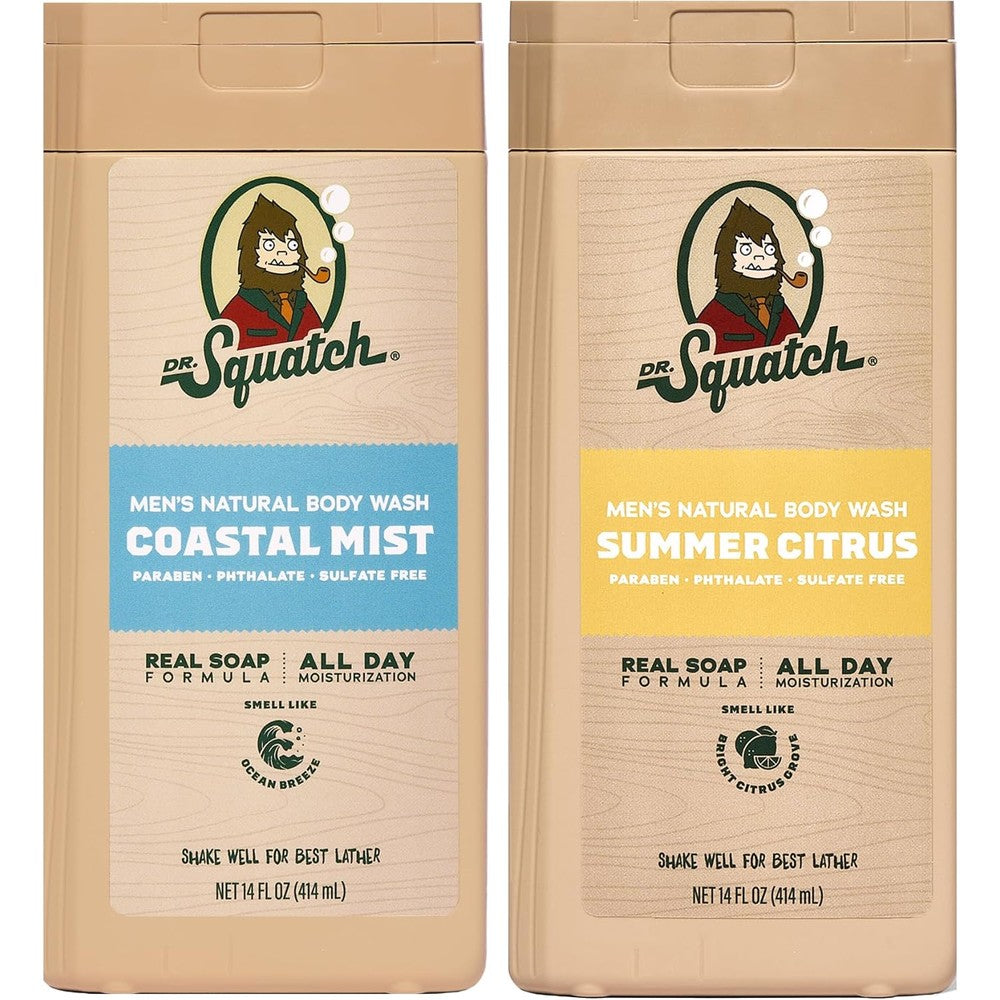 Dr. Squatch Natural Men's Body Wash 2-Pack front view showing Coastal Mist and Summer Citrus bottles.