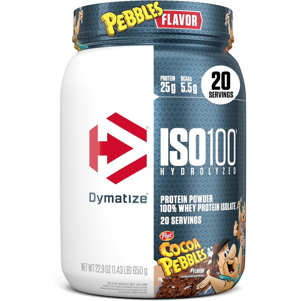 Dymatize Nutrition ISO100 Cocoa Pebbles protein powder front view for muscle recovery
