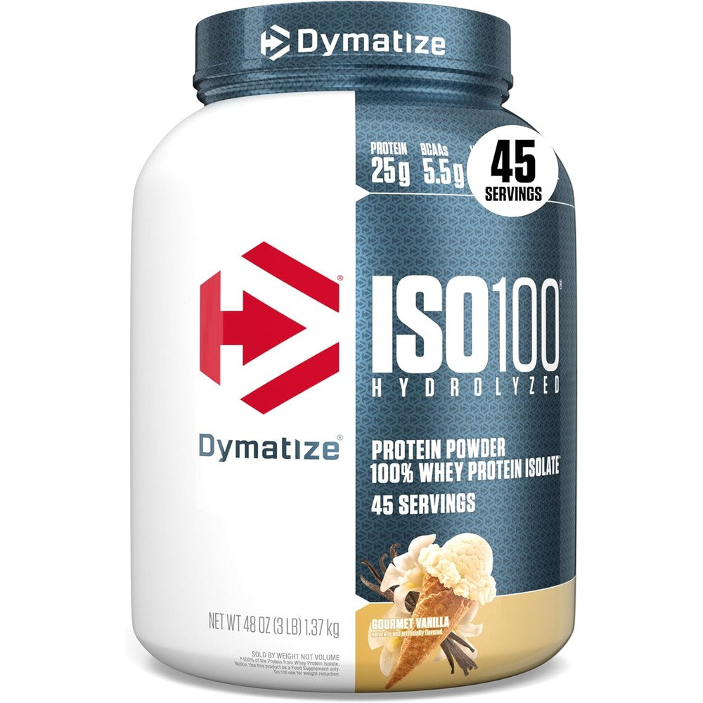 Dymatize ISO100 Hydrolyzed Whey Protein Isolate Gourmet Vanilla 3 Pound bottle front view for premium muscle recovery.