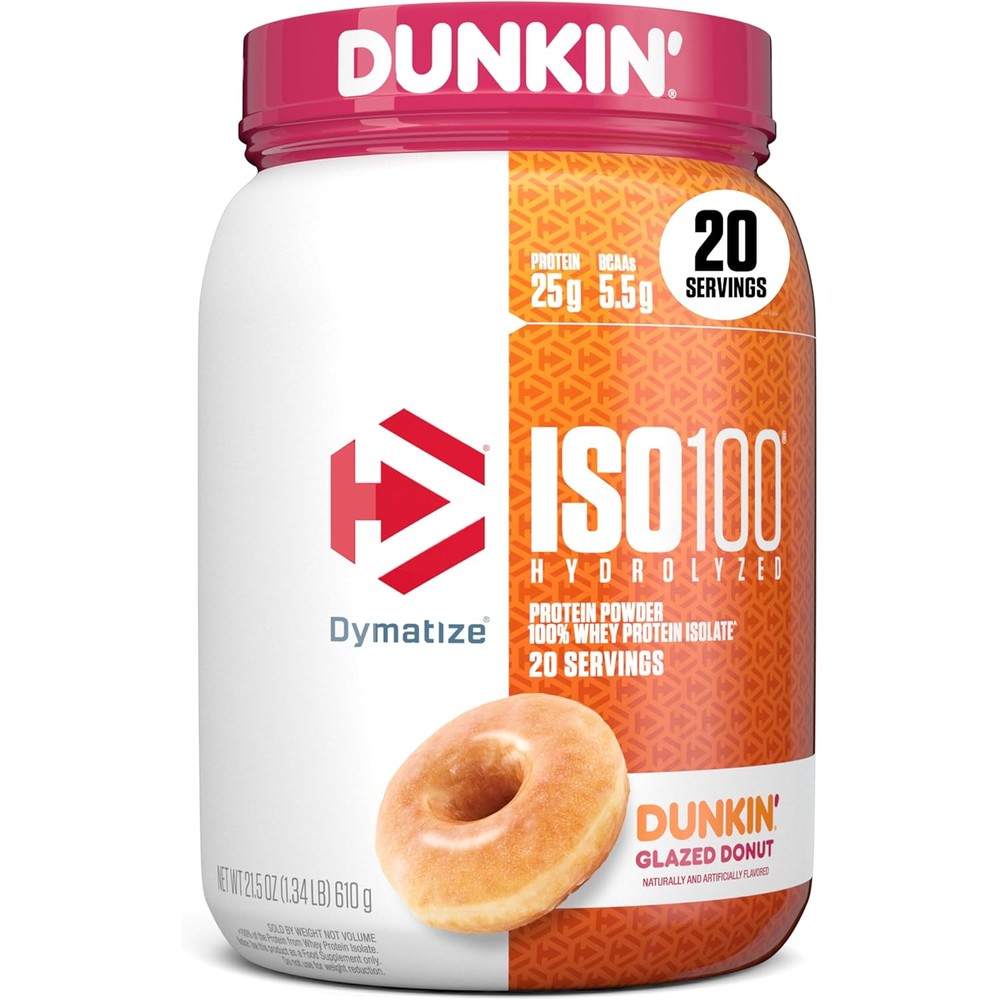 Dymatize ISO100 Dunkin Glazed Donut whey protein isolate front view packaging