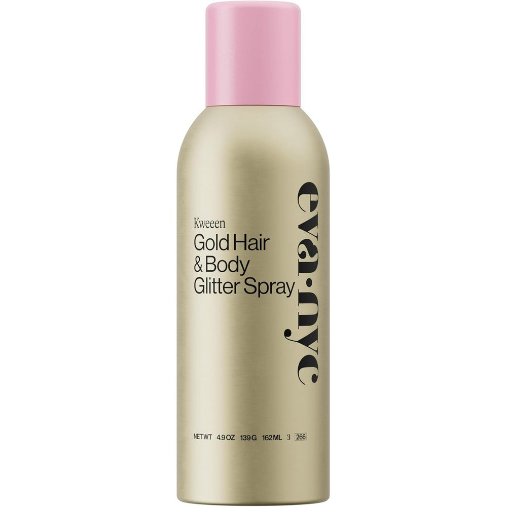 Eva NYC Kweeen Gold Hair and Body Glitter Spray front view bottle for festival hair styling