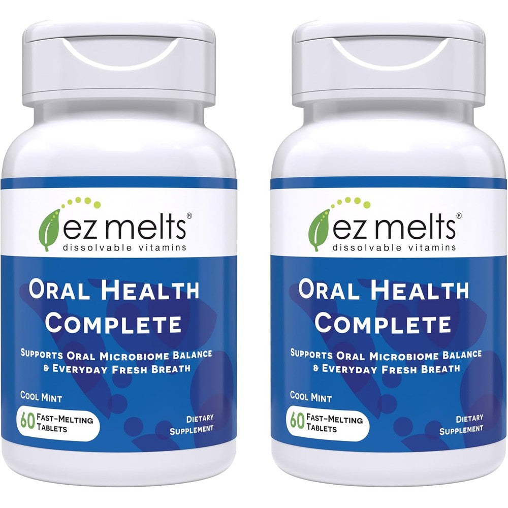 EZ Melts Oral Health Complete bottle front view showing dental probiotic benefits.