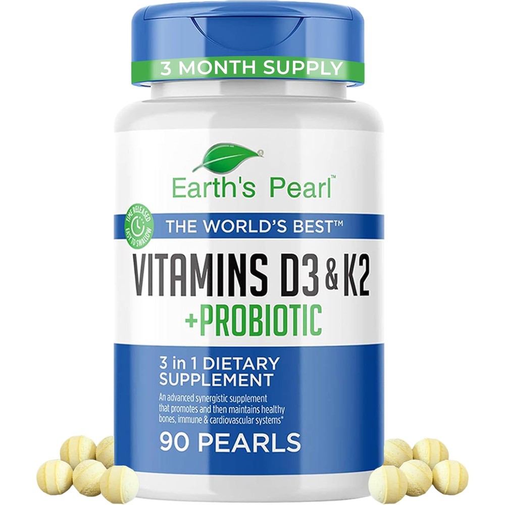 Earth's Pearl Vitamin D3 K2 Probiotics 90 Pearls front bottle label showing 5000 IU strength