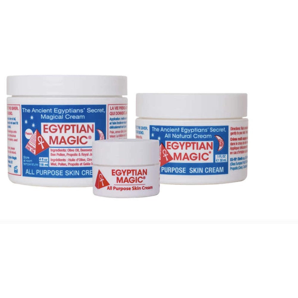 Egyptian Magic All Purpose Skin Cream three piece bundle showing the three different jar sizes from the front view