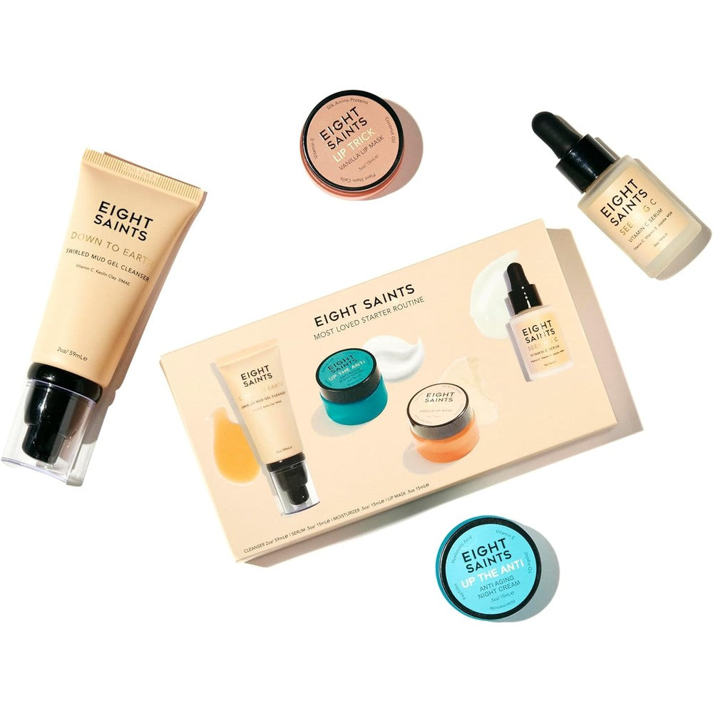 Eight Saints Skincare Most Loved Skincare Starter Routine set front view showing four products