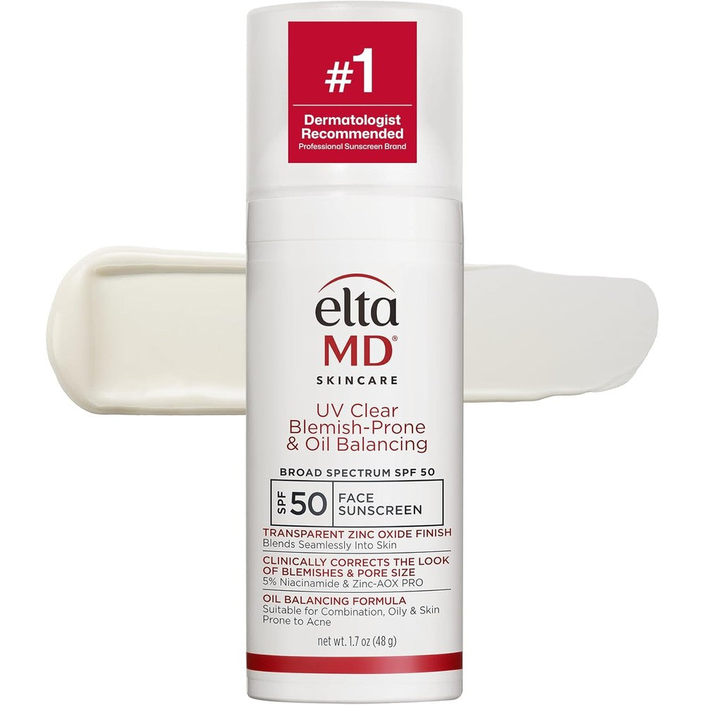 EltaMD UV Clear Blemish Prone and Oil Balancing SPF 50 sunscreen bottle front view