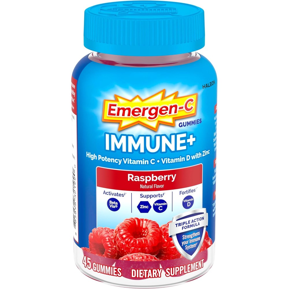 Emergen-C Immune Plus Triple Action Raspberry 45 Gummies bottle front view for daily immune support.