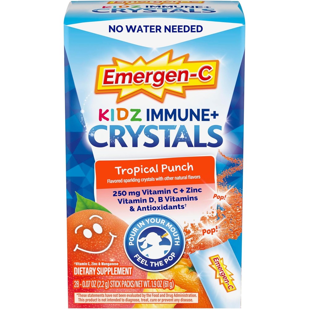 Emergen-C Kidz Immune Plus Crystals front view box showing 28 stick packs