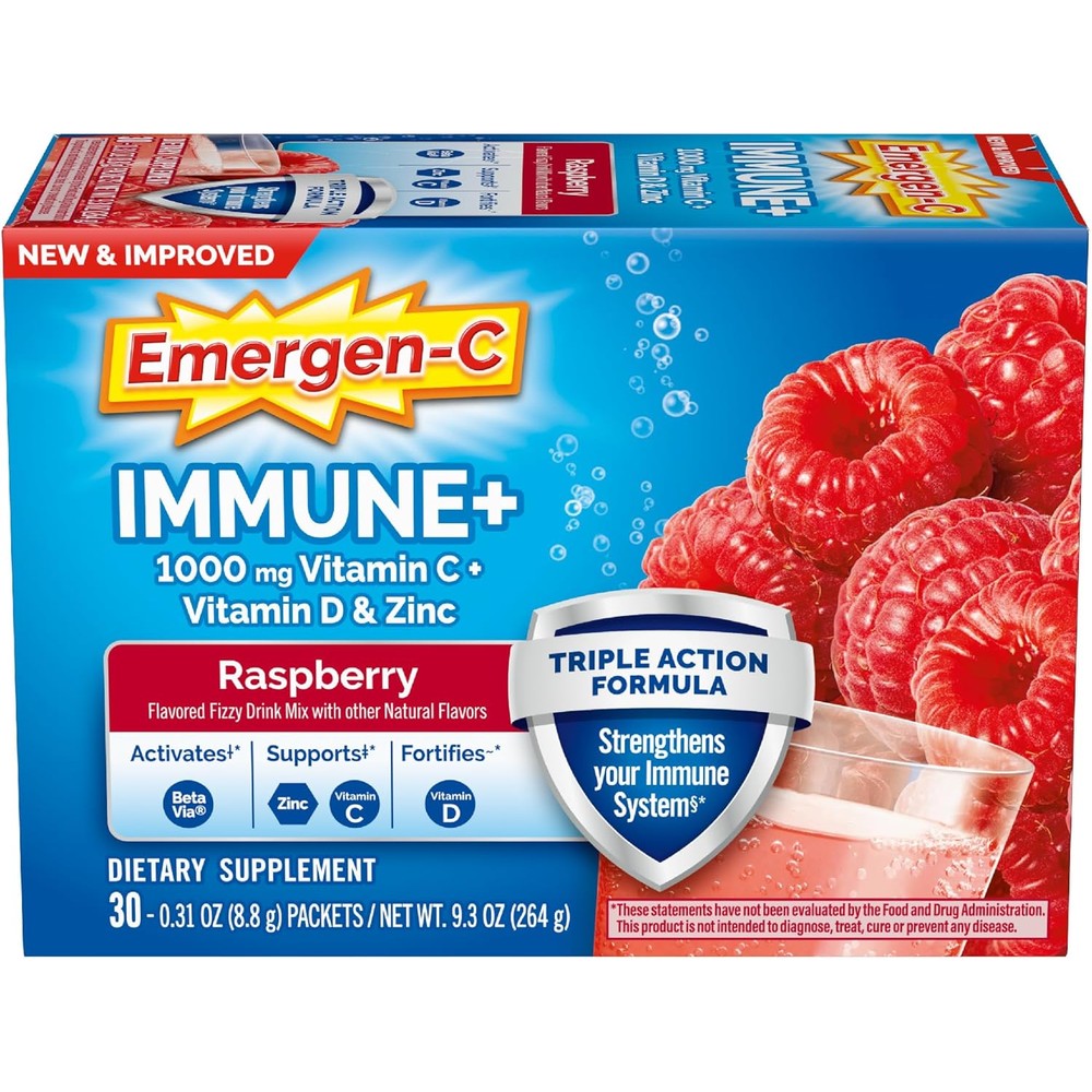 Emergen-C Immune Plus Triple Action Vitamin C Powder Raspberry 30 Count front packaging displaying immune support benefits
