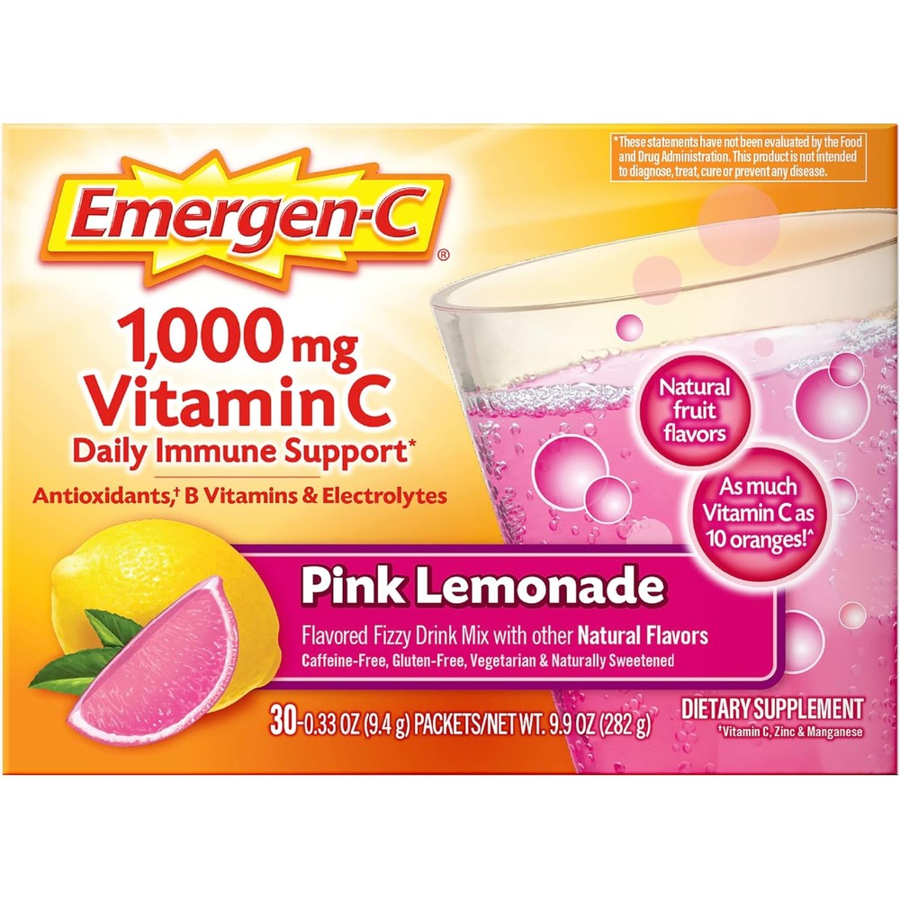 Emergen-C 1000mg Vitamin C Powder Pink Lemonade box front view for immune support