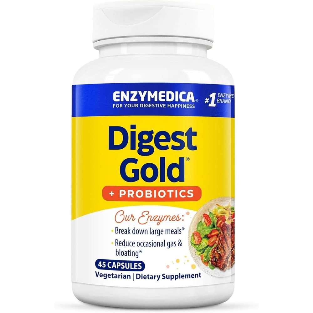 Enzymedica Digest Gold Plus Probiotics 45 capsules bottle front view showing clean label digestive supplement details