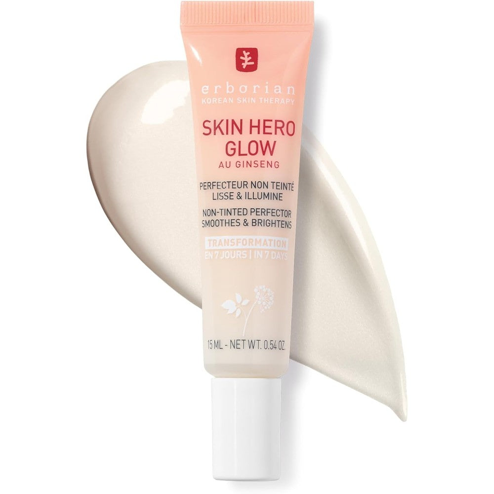 Erborian Skin Hero Glow 15ml front view packaging of the non tinted bare skin perfector cream for radiant skin