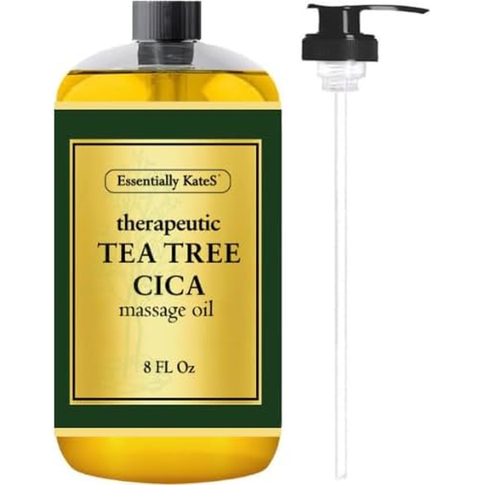 Essentially KateS Tea Tree Oil CICA Massage Oil 8 Fluid Ounce front bottle view showing purifying body oil packaging