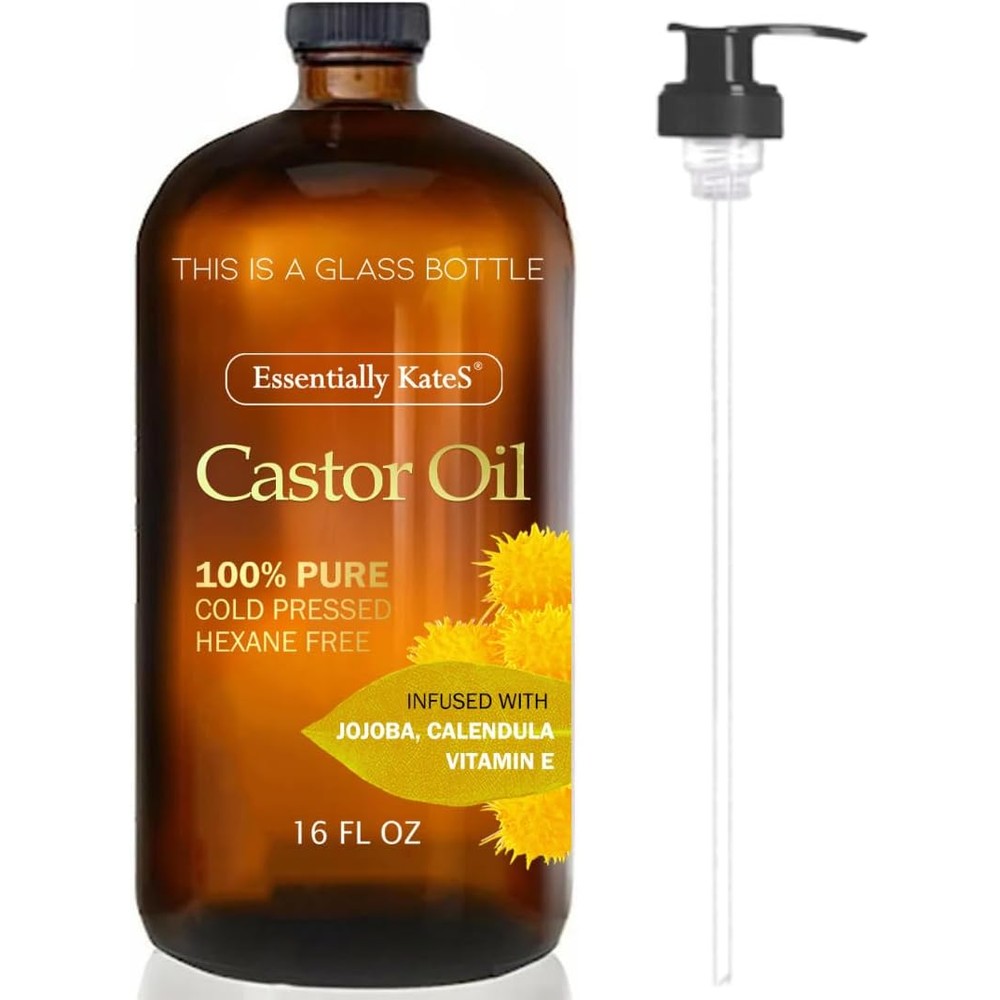 Essentially KateS Castor Oil 16 Fluid Ounce amber glass bottle with pump front view