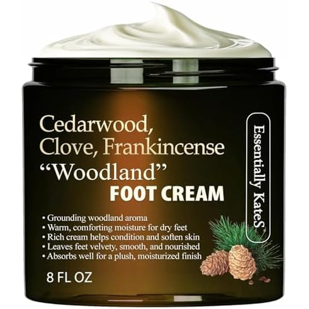 Essentially KateS Woodland Foot Cream 8 Fluid Ounce front view bottle showcasing the cedarwood and frankincense blend.