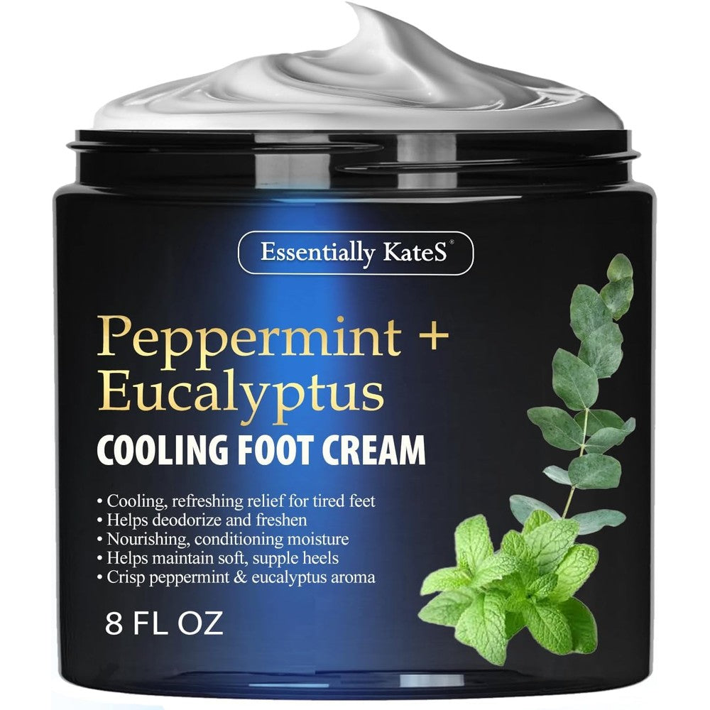 Essentially KateS Peppermint and Eucalyptus Cooling Foot Cream front view jar for dry skin repair.