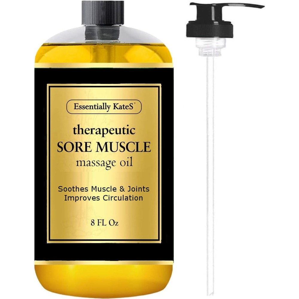 Essentially KateS Therapeutic Sore Muscle Massage Oil front view bottle on plain background