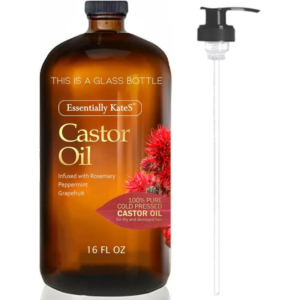 Essentially KateS Castor Oil Rosemary Peppermint Grapefruit sixteen fluid ounce front view showing glass bottle and pump dispenser.