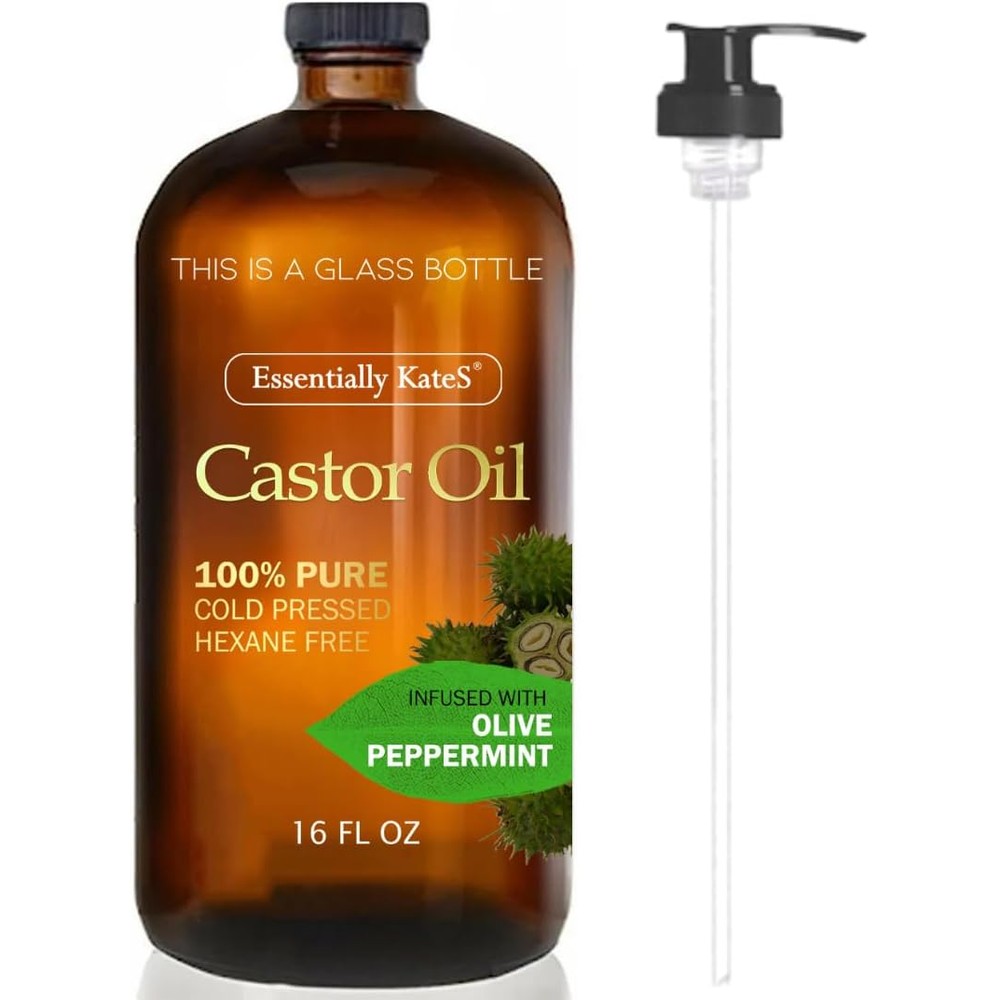 Essentially KateS Castor Oil with Olive and Peppermint front view showing the 16 fluid ounce glass bottle and pump dispenser.
