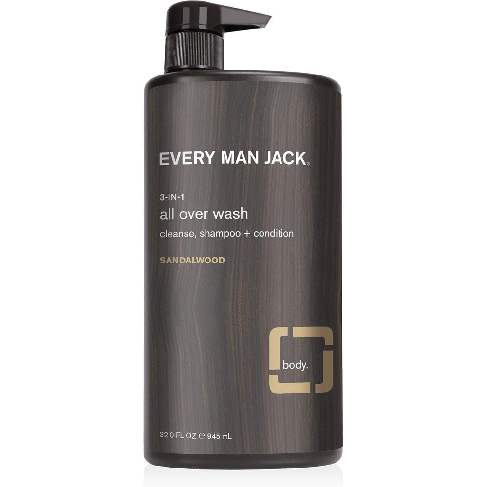 Every Man Jack 3-in-1 All Over Wash Sandalwood 32 Fluid Ounce front view of brown bottle