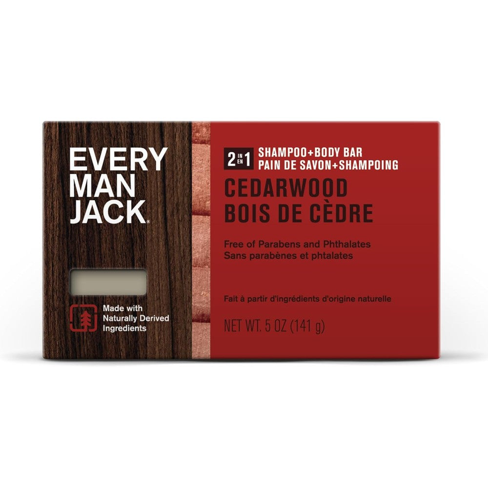 Every Man Jack Cedarwood 2-in-1 Shampoo and Body Bar front packaging view for men's daily grooming routine.
