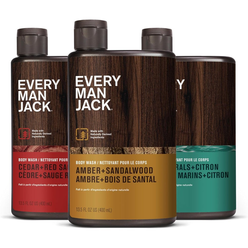 Every Man Jack Men's Body Wash Variety Pack front view showing three premium natural shower gels.