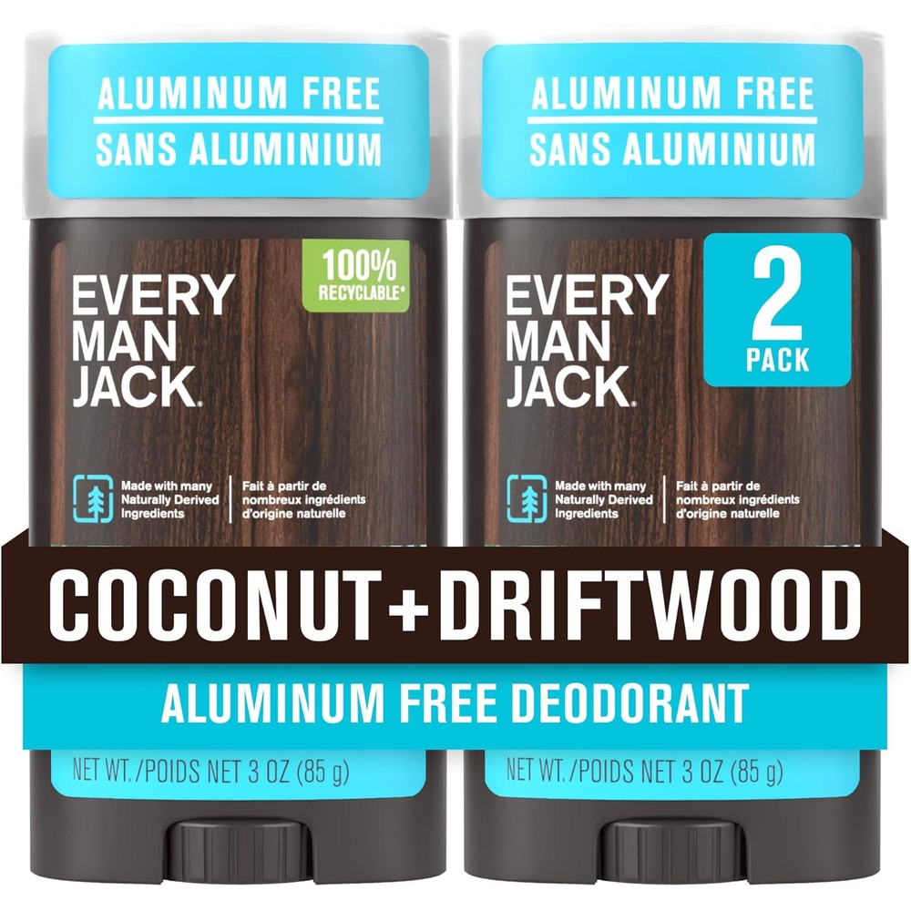 Every Man Jack Coconut Driftwood Deodorant front view showing twin pack packaging.