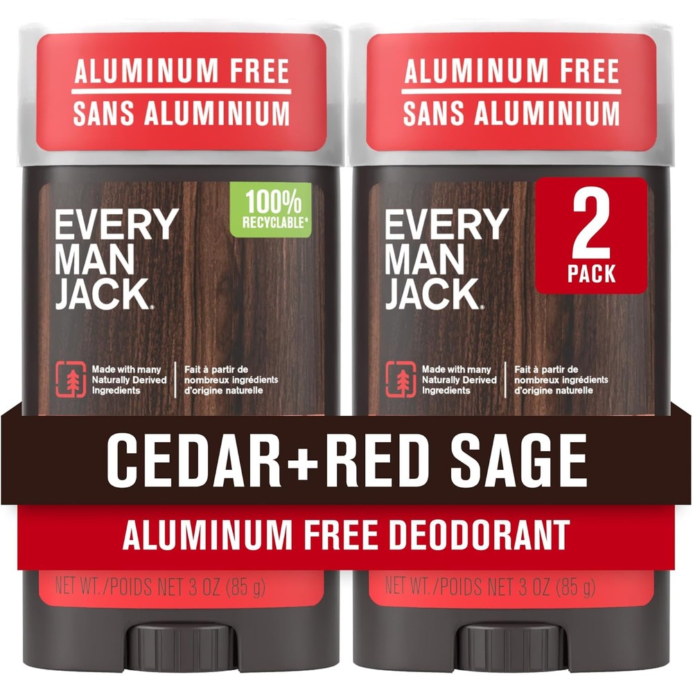 Every Man Jack Cedar and Red Sage Mens Deodorant twin pack front view showing the sustainable packaging.