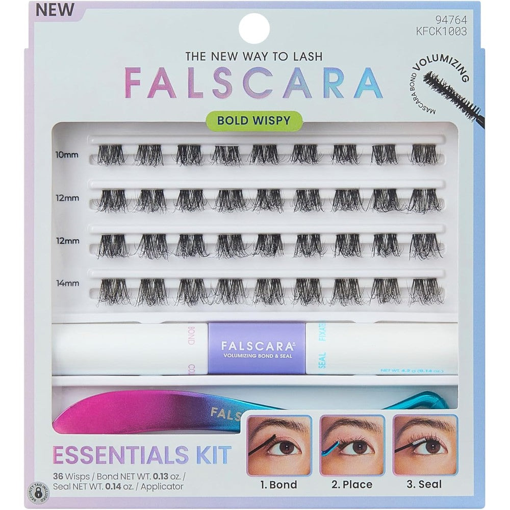 Falscara Essentials Kit, False Eyelashes, Bold Wispy, 10mm-14mm, Includes 36 Clusters, 1 Bond & Seal, 1 Applicator, Easy to Apply, Reusable