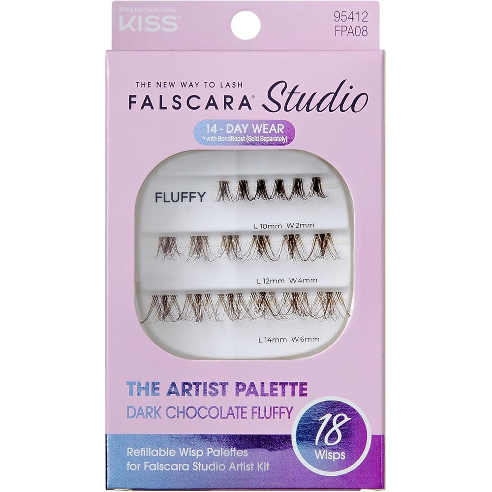 FALSCARA Studio Lash Extension Kit front view of the individual lash palette containing eighteen dark chocolate fluffy clusters.