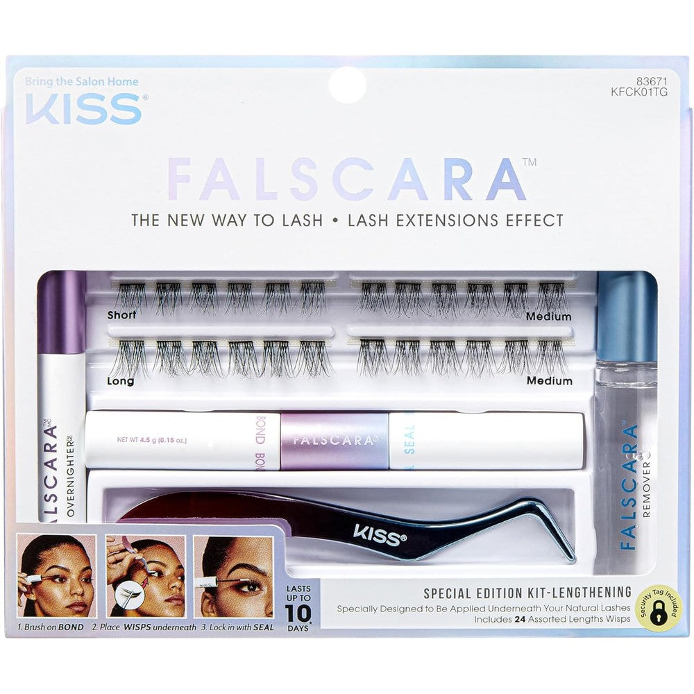 Kiss Falscara Special Edition Kit Lengthening front view showcasing twenty four lash wisps and application tools.
