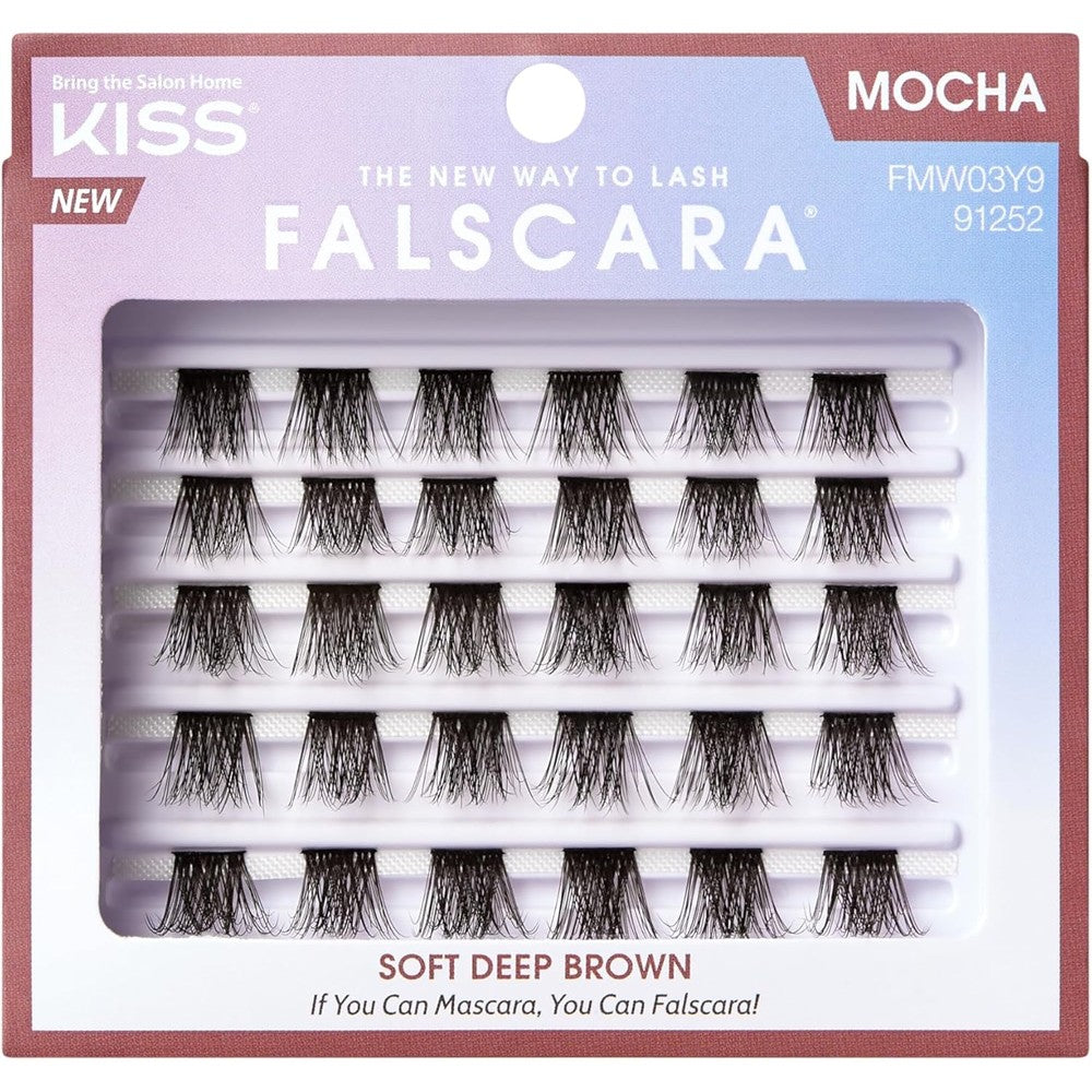 KISS Falscara Mocha brown lash extension multipack front view showing twenty-four lash clusters.