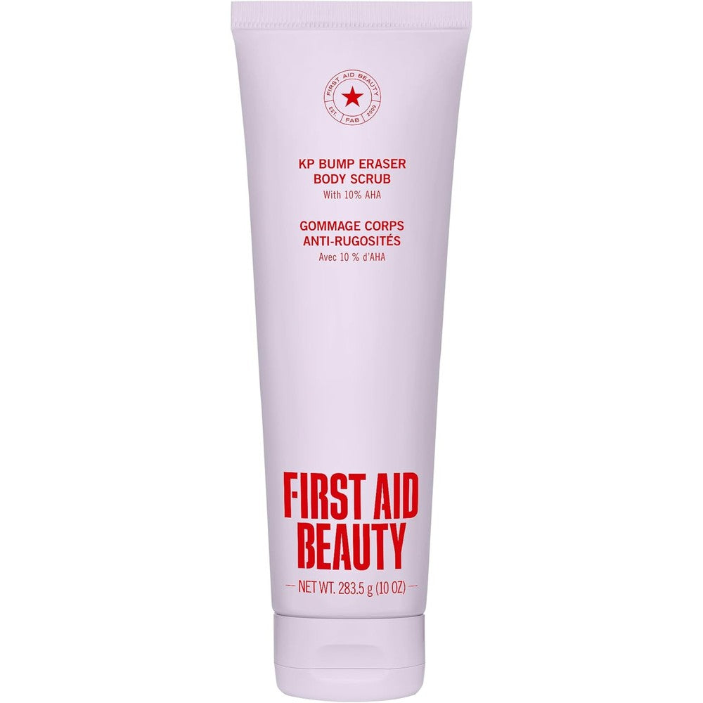 First Aid Beauty KP Bump Eraser Body Scrub front view of the tube packaging showing the ten percent AHA label.