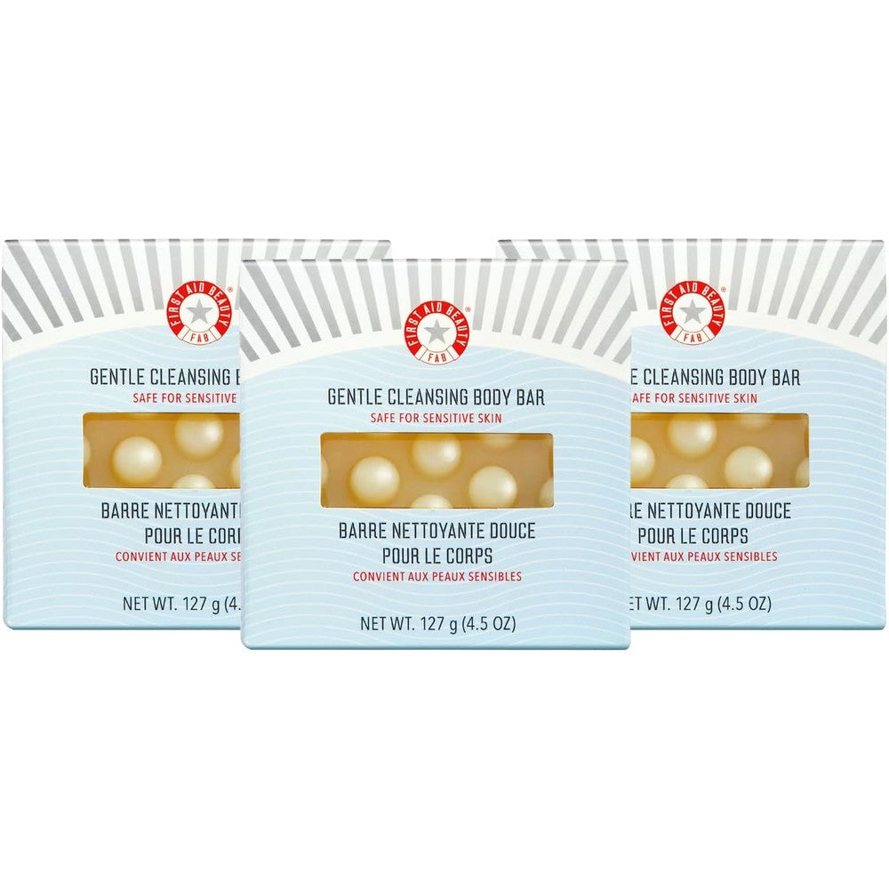 First Aid Beauty Gentle Cleansing Bar front packaging view showing three pack details.