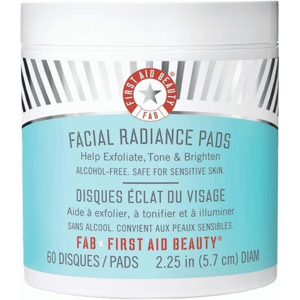 First Aid Beauty Facial Radiance Pads 60 Count front view container showing daily exfoliating benefits