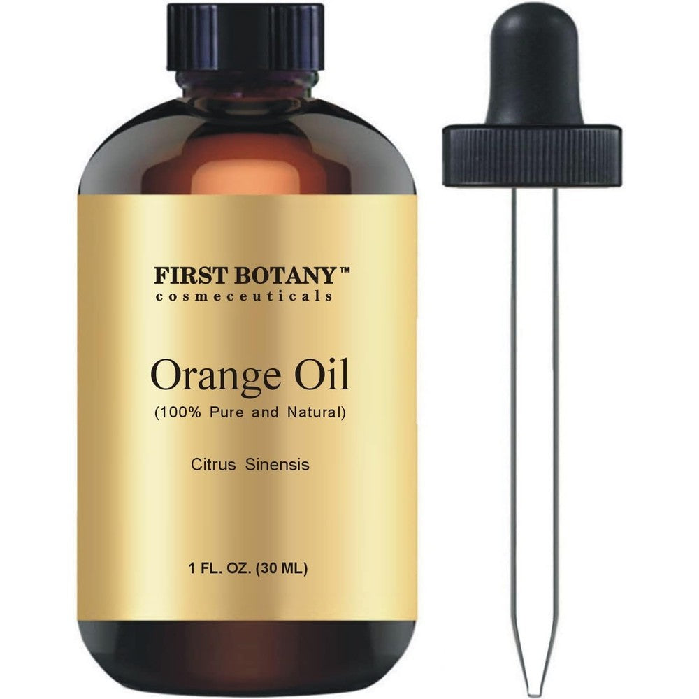 First Botany 100 Percent Pure Orange Essential Oil amber glass bottle front view