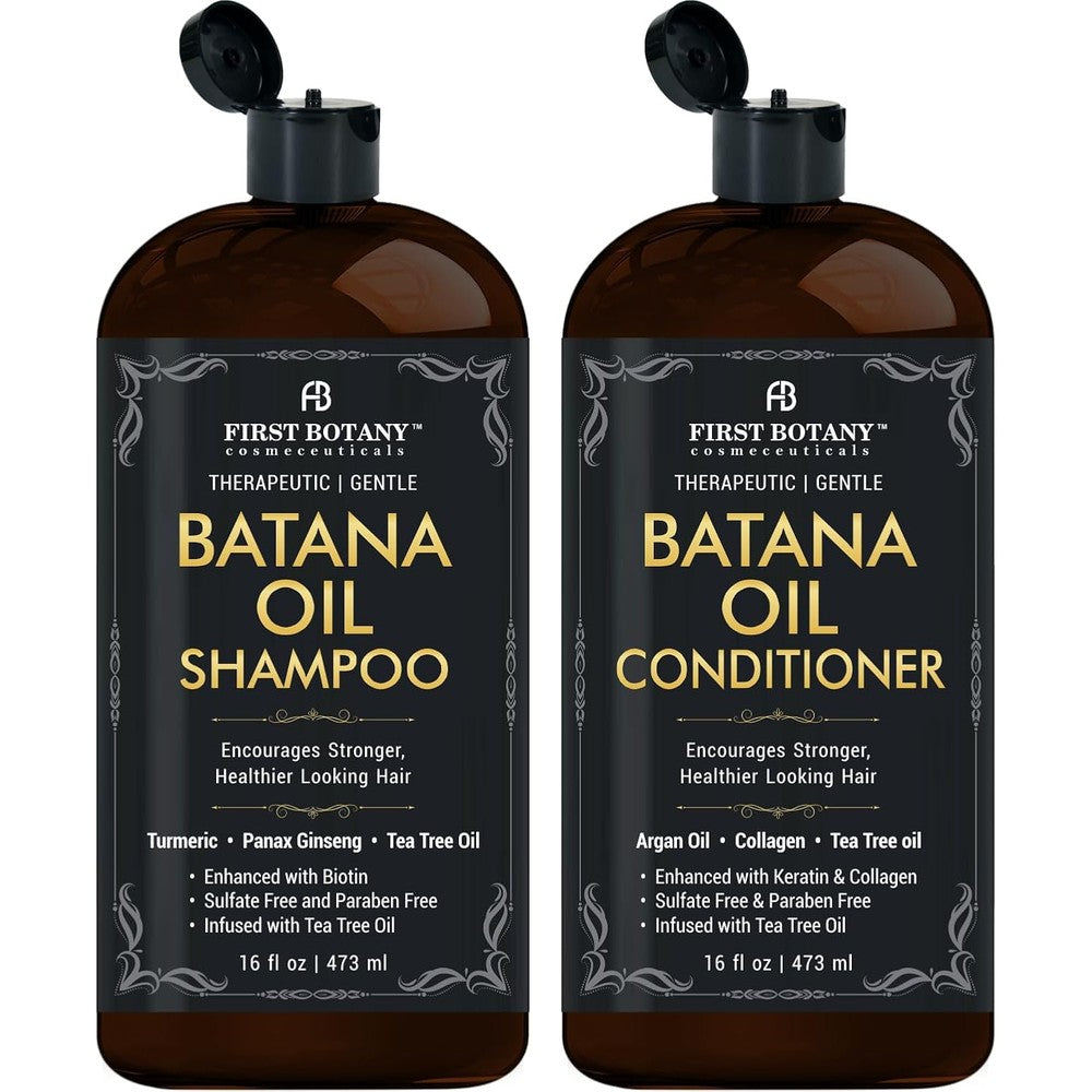 First Botany Batana Oil Shampoo and Conditioner bottles front view for hair loss defense.