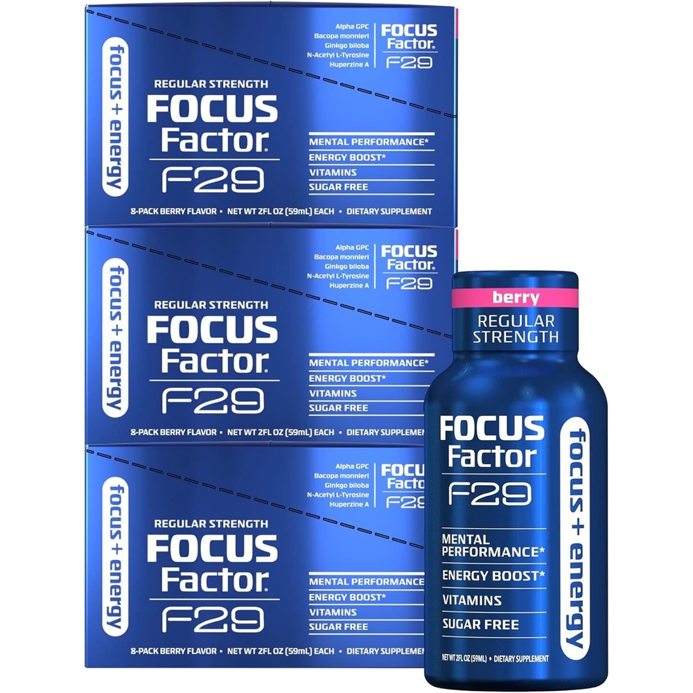 Focus Factor F29 Nootropic Focus + Energy Shot - Regular Strength, Pack of 8 - Mixed Berry Flavor - Nootropic Supplement, 5 Calories per Serving - Sugar Free Energy Drinks (24 Bottles)