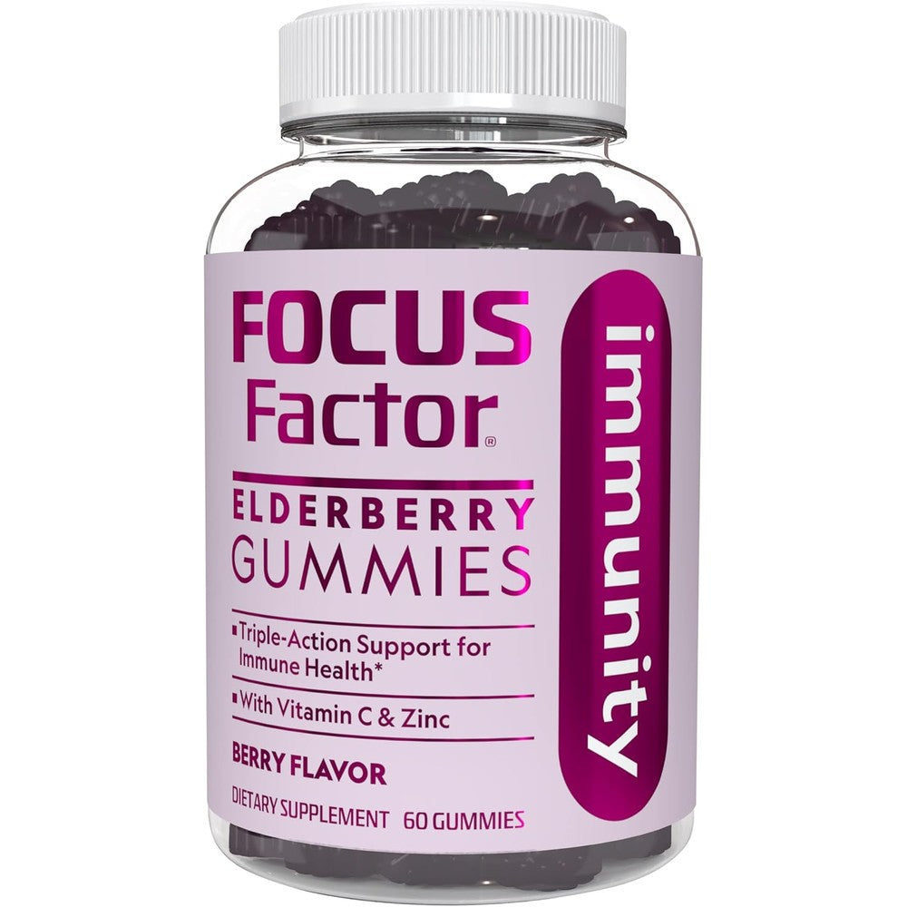 Focus Factor Elderberry Immunity Gummies with Zinc and Vitamin C for Daily Immune Support, 60 Count - Berry Flavor - Non-GMO, Gluten Free - No Artificial Flavors - Elderberry Immunity Vitamins